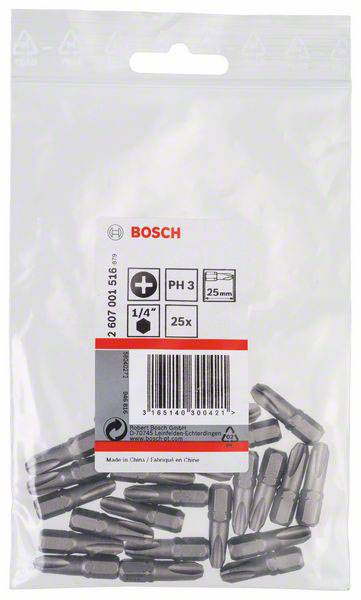 Vrećica sa 25 Bosch vijčanih bitova, tip PH 3, veličina 1/4 inča. Natpis na pakiranju prikazuje marku i detalje o upotrebi.