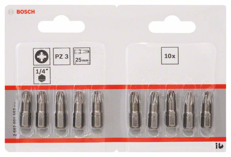 Paket sa deset Bosch vijčanih bitova PZ 3, duljine 25 mm, veličina prihvata 1/4 inča, po pet komada u svakom pakirnom traku.