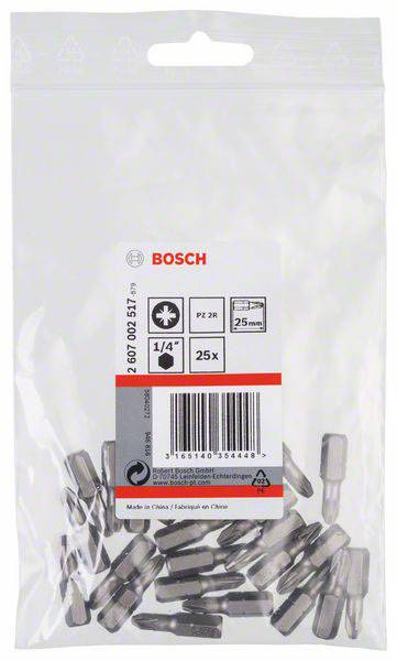 Prozirna plastična ambalaža sadrži 25 Bosch PZ 2B vijčanih nastavaka veličine 1/4", prikazanih na sivoj pozadini.