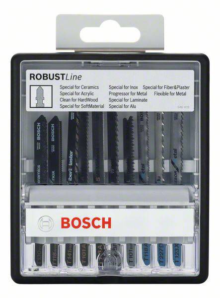'Bosch RobustLine': Set od osam različitih listova pile za materijale poput keramike, akrilnog stakla, drva, metala i aluminija u plastičnoj kutiji.