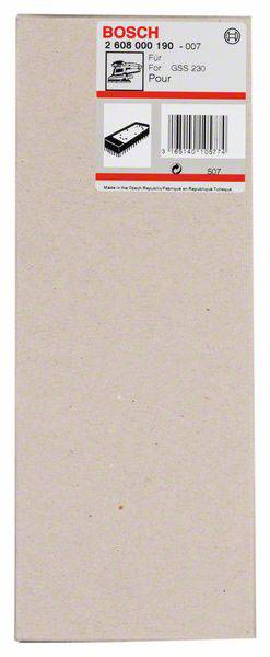 Ambalaža bloka brusnog papira za Bosch GSS 230. Sadrži sliku proizvoda i barkod na gornjoj strani.