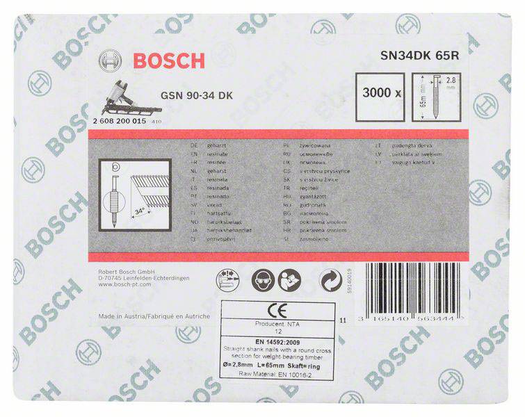 Naljepnica pakiranja Bosch-a za SN34DK 65R čavle. Prikazuje tehničke informacije, logotipove i sigurnosne ikone.