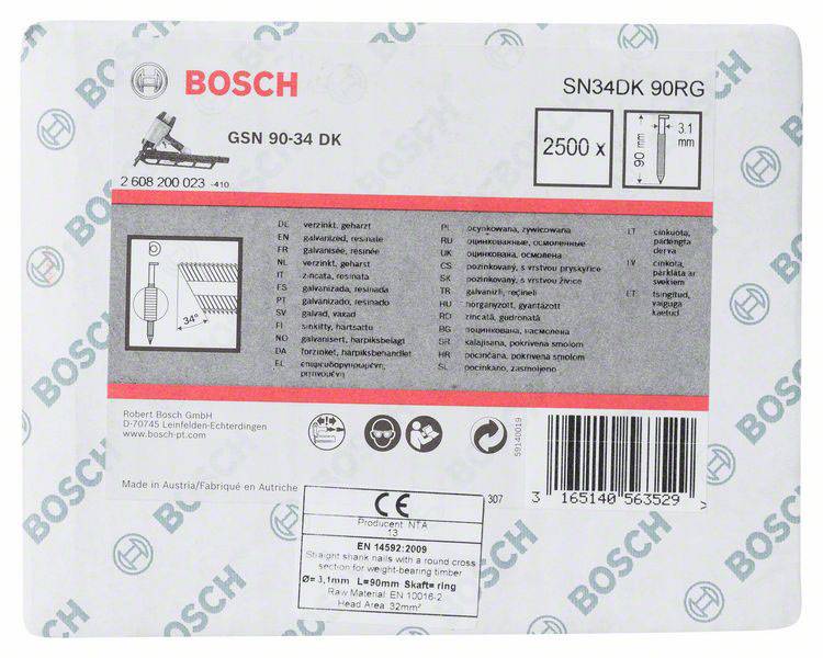 Naljepnica 'Bosch SN34DK 90RG' s tehničkim specifikacijama: 2500 komada, D: 90 mm, D: 3,1 mm, pogodan za uređaje za nokte.