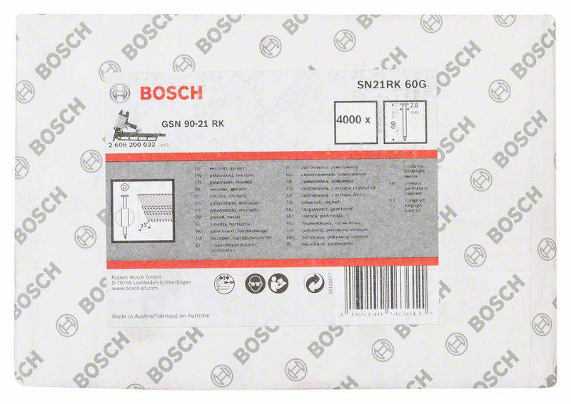 'Bosch GSN 90-21 RK' pakiranja čavala. Prikazuje logo marke, specifikacije proizvoda i serijski broj. Sadrži 4000 čavala.