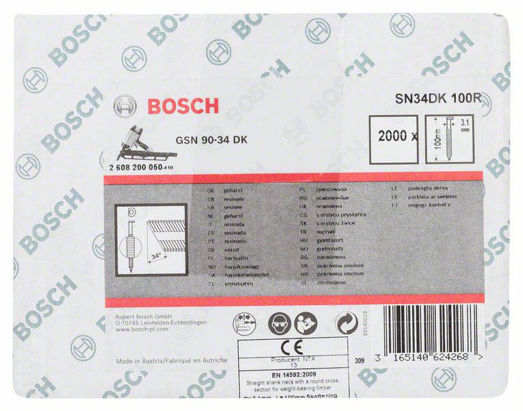Etiketa na ambalaži alata s Bosch logotipom, tipom proizvoda 'GSN 90-34 DK', specifikacijama i zemljom porijekla Austrija.