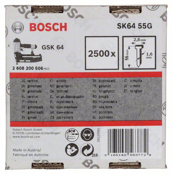 Bosch GSK 64 pakiranja čavala sa specifikacijama: 2500 čavala, 2,8 mm x 1,6 mm. Popis vrsta čavala na različitim jezicima.