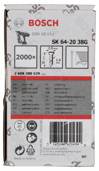 Paket čavala Bosch oznake GSK 18 V-LI. Sadrži 2000 čavala, veličine SK 64-20 38G, izrađeno u Austriji.