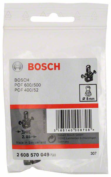 Plastična ambalaža s Bosch logotipom. Sadrži rezervni dio za POF 600/500, POF 400/52. Proizvedeno u Švicarskoj. Barkod ispod.