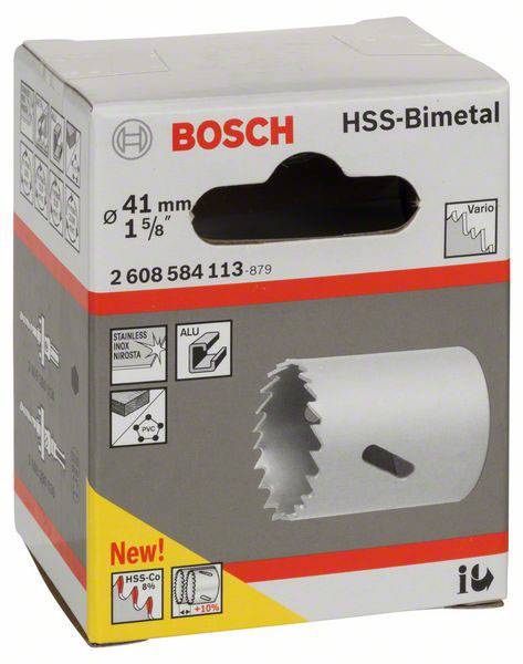 'Bosch HSS-bimetalna kružna pila za rupe, promjer 41 mm, podesiva za metal. Pakiranja prikazuje slike proizvoda i tehničke detalje.'