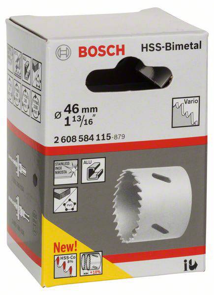 Ambalaža Bosch HSS-bimetalne krune za bušenje, 46 mm, prikazuje sliku proizvoda i tehničke detalje poput materijala, veličine i primjene.