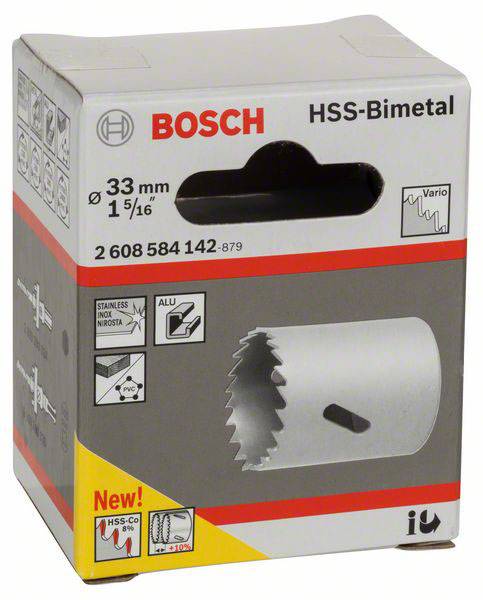Pakiranja Bosch HSS-bimetalne piljene za rupe, promjera 33 mm, s prikazom pile za rupe i uputama za upotrebu.