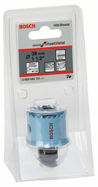Ambalaža Bosch HSS-bimetalne krune za provrtanje lima, promjera 38 mm, s Power Change sustavom za brzu montažu.