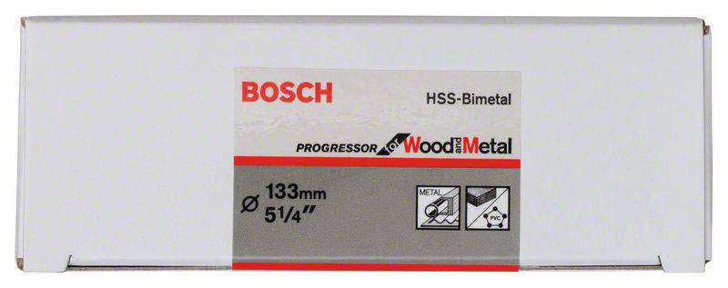 Ambalaža Bosch HSS-bimetalne pile s natpisom '133 mm / 5 1/4"' i piktogramima za upotrebu u drvu i metalu.