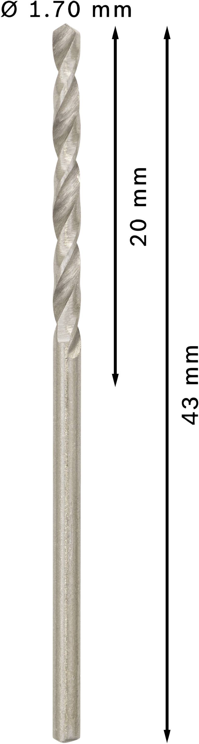 Prikazuje se svrdlo promjera 1,70 mm, ukupne duljine 43 mm i duljine reznog dijela od 20 mm.