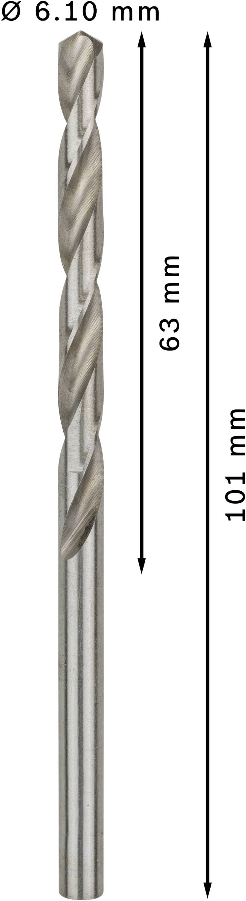 Svrdlo promjera 6,10 mm i ukupne duljine 101 mm, pri čemu je radna duljina 63 mm.