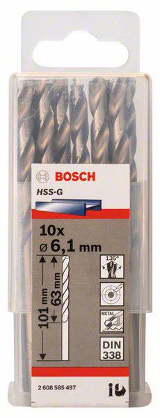 HSS-G set svrdla od Boscha, 10 komada, promjer 6,1 mm, duljina 101 mm, DIN 338 standard, cilindrični prihvat, kut vrha 135°.