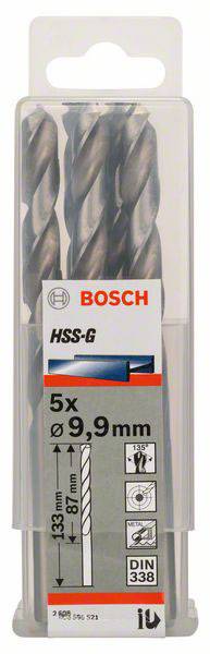 Bosch komplet svrdala, model HSS-G, sadrži 5 svrdala promjera 9,9 mm. DIN 338, pogodan za obradu metala. Pakiranje u plastici.