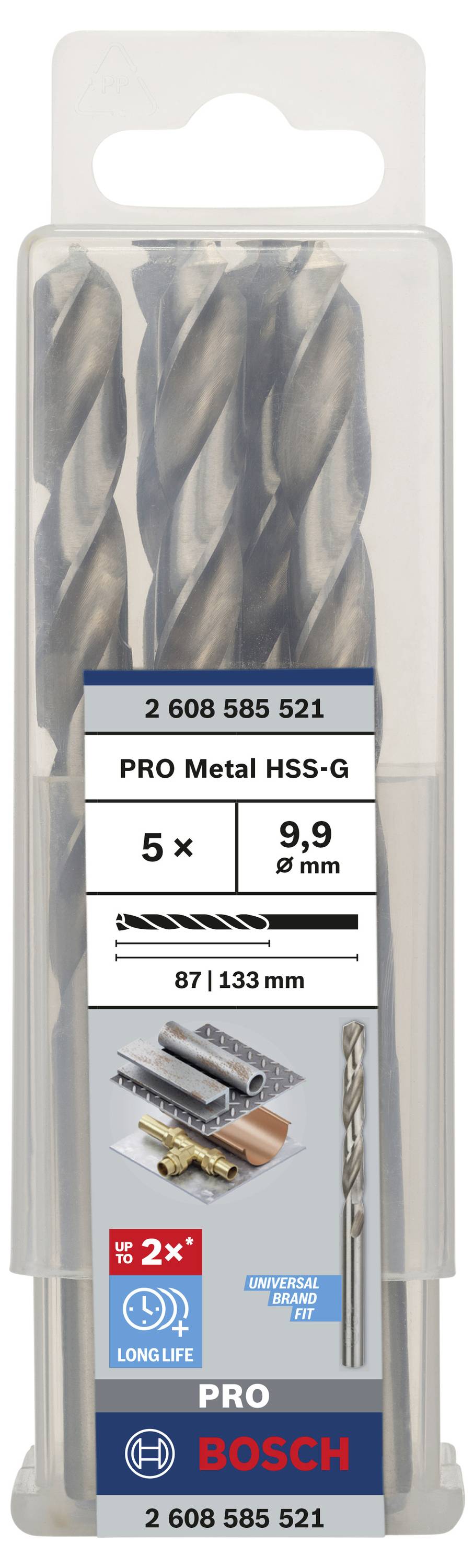 Pet metalnih svrdala Bosch u plastičnoj ambalaži. Pogodna za rupe od 9,9 mm, metal i nehrđajući čelik, izdržljiva i precizna.