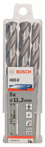 Paket s pet Bosch spiralnih svrdala, HSS-G, promjera 11,2 mm, duljine 142 mm, za obradu metala, prema normi DIN 338.