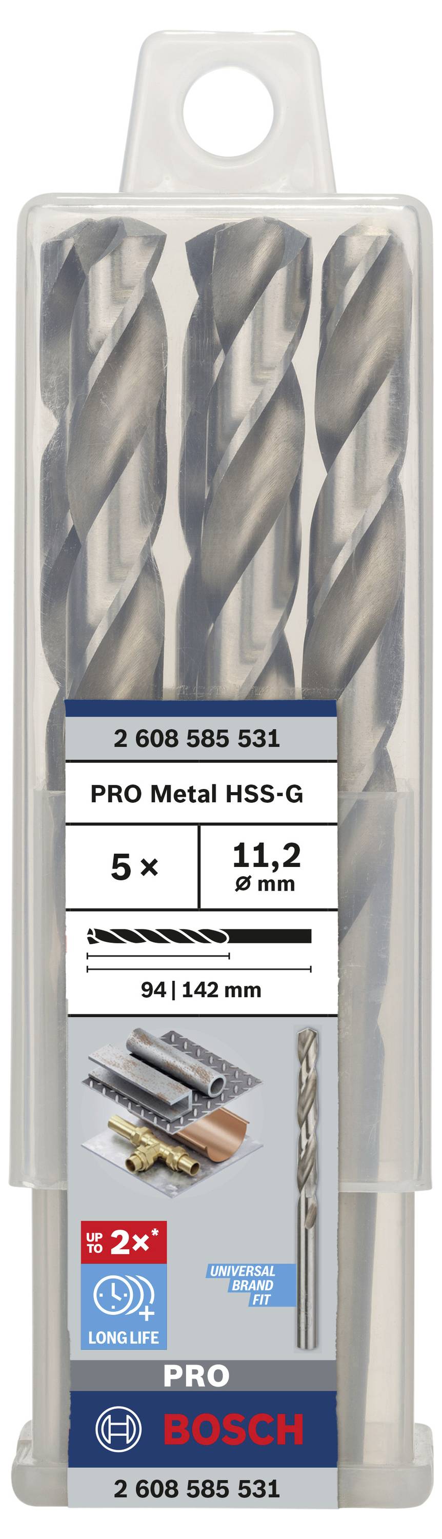 Set burgija s pet HSS-G metalnih burgija od Bosch-a, promjer 11,2 mm. Pakiranje prikazuje primjene: metal, bakar.