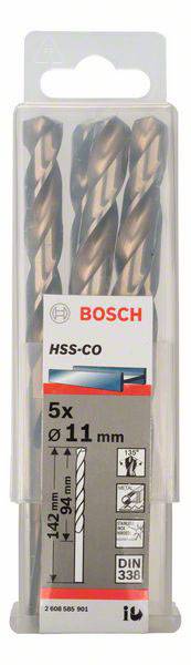 Paket od 5 Bosch HSS-CO svrdla za metal, promjer 11 mm, specijalno za obradu metala, sukladan DIN 338 standardu, pogodan za tvrde materijale.