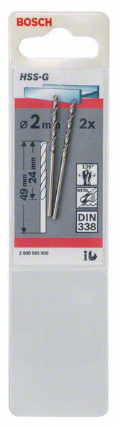 'Bosch HSS-G' paket svrdla sa dva 2mm metalna svrdla, duljine 49mm, u skladu s DIN 338 normom.