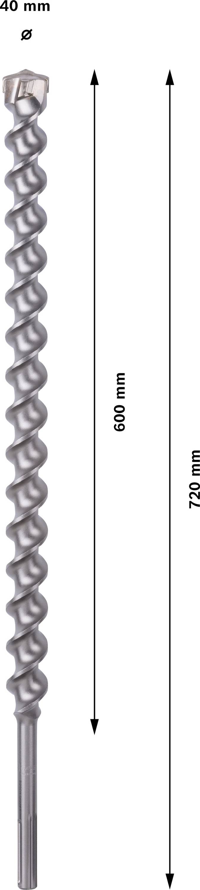 Svrdlo širine 40 mm i ukupne duljine 720 mm; duljina spirale iznosi 600 mm.
