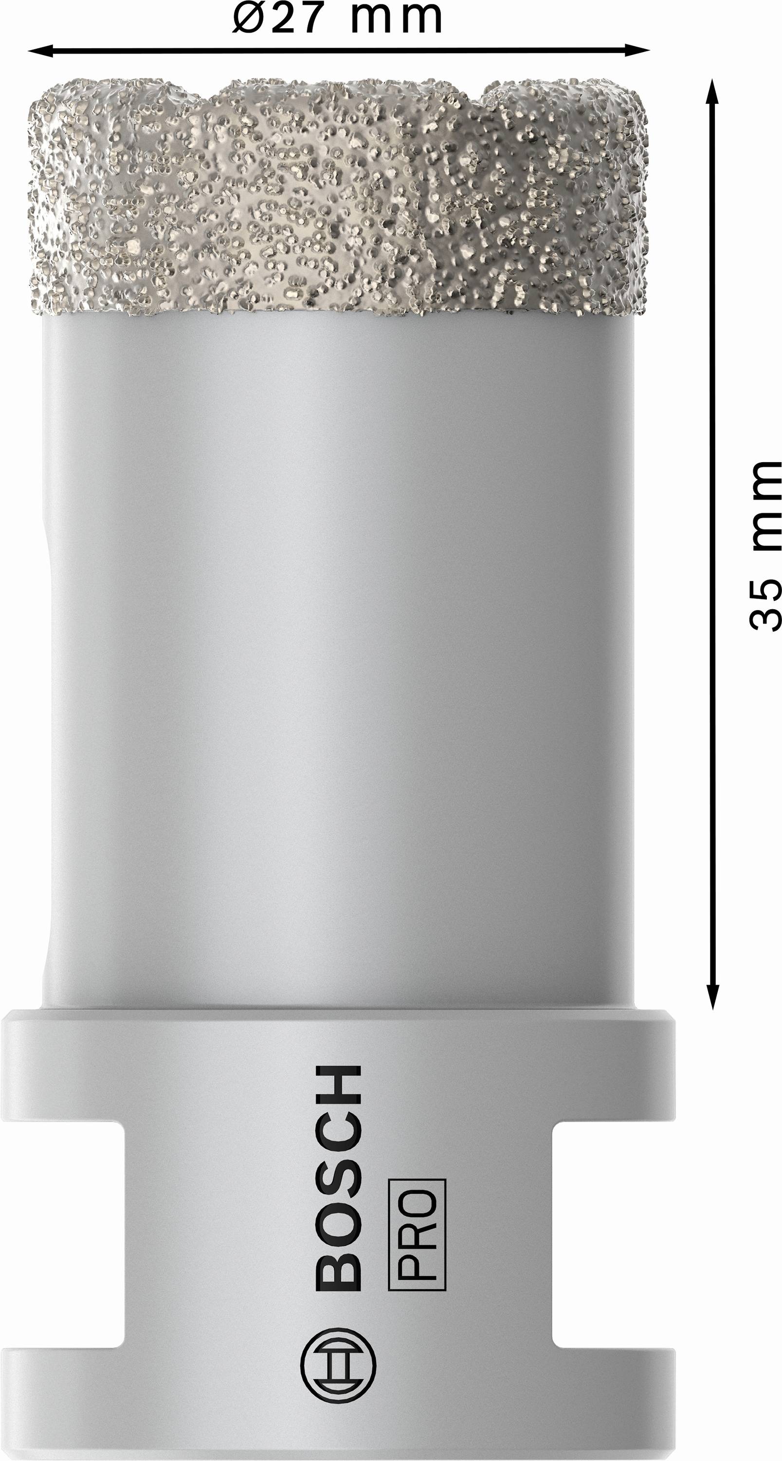 Bosch dijamantna kruna za bušenje promjera 27 mm i duljine 35 mm. Prikladna za precizno, profesionalno bušenje.