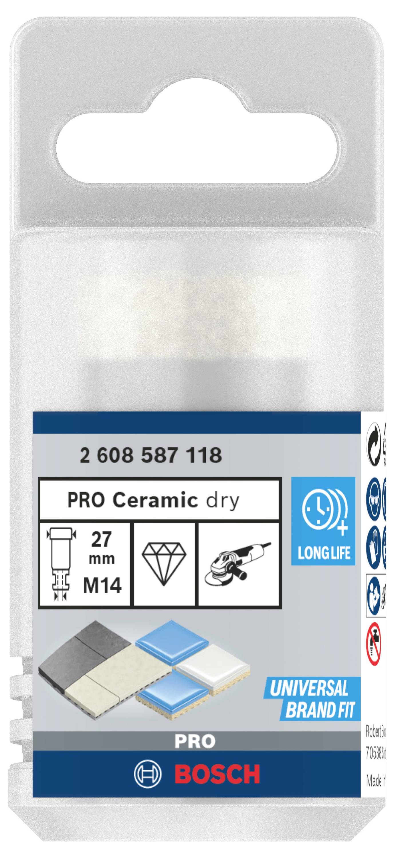 Pakiranje svrdla s natpisom 'PRO Ceramic dry', promjer 27 mm, M14-priključak. Pogodno za pločice, dugotrajan.