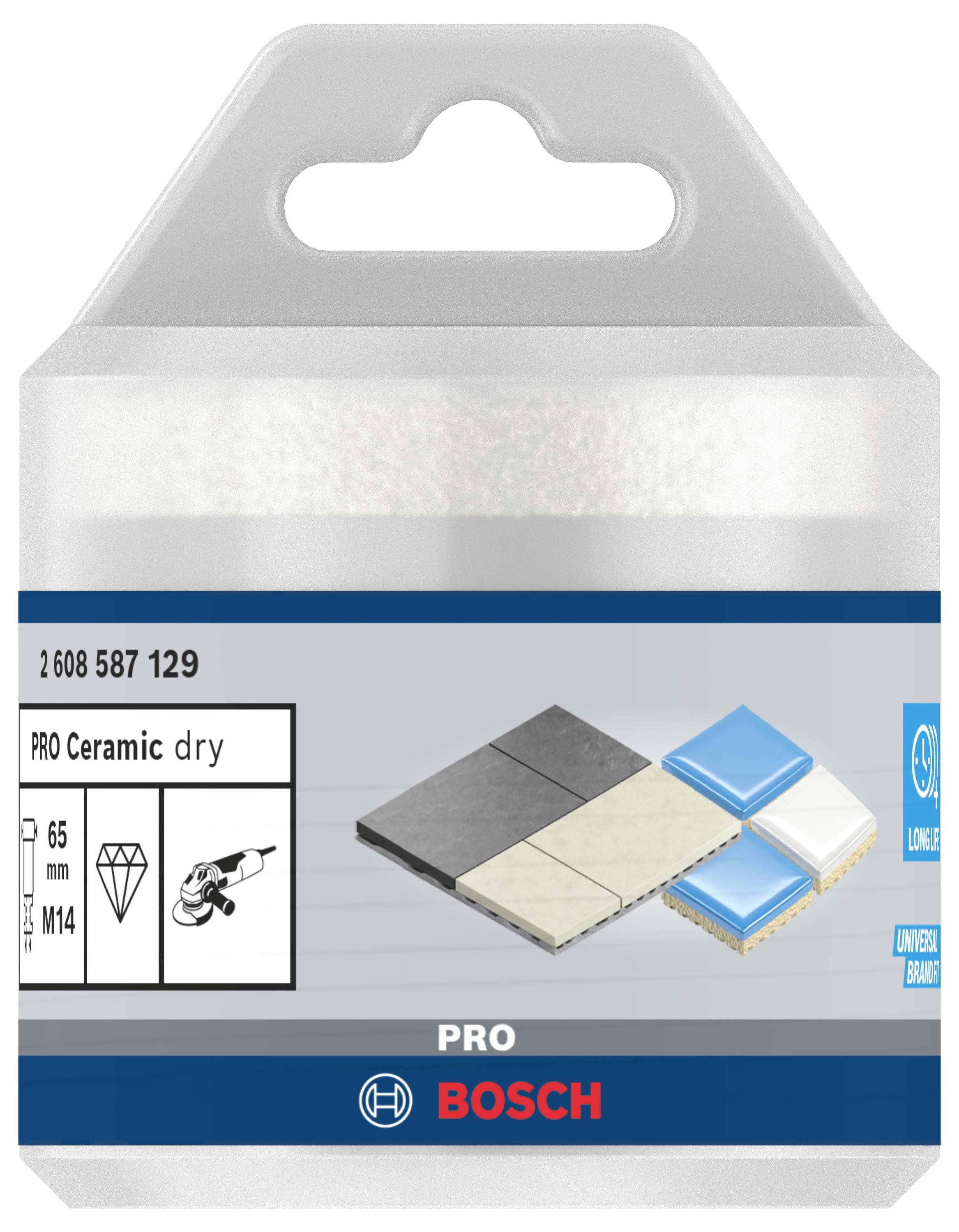'Bosch PRO Ceramic Dry' pakiranje dijamantne burgije. Prikazuje primjenu proizvoda na kamenim pločicama. Specifikacije: promjer 65 mm, M14 priključak.