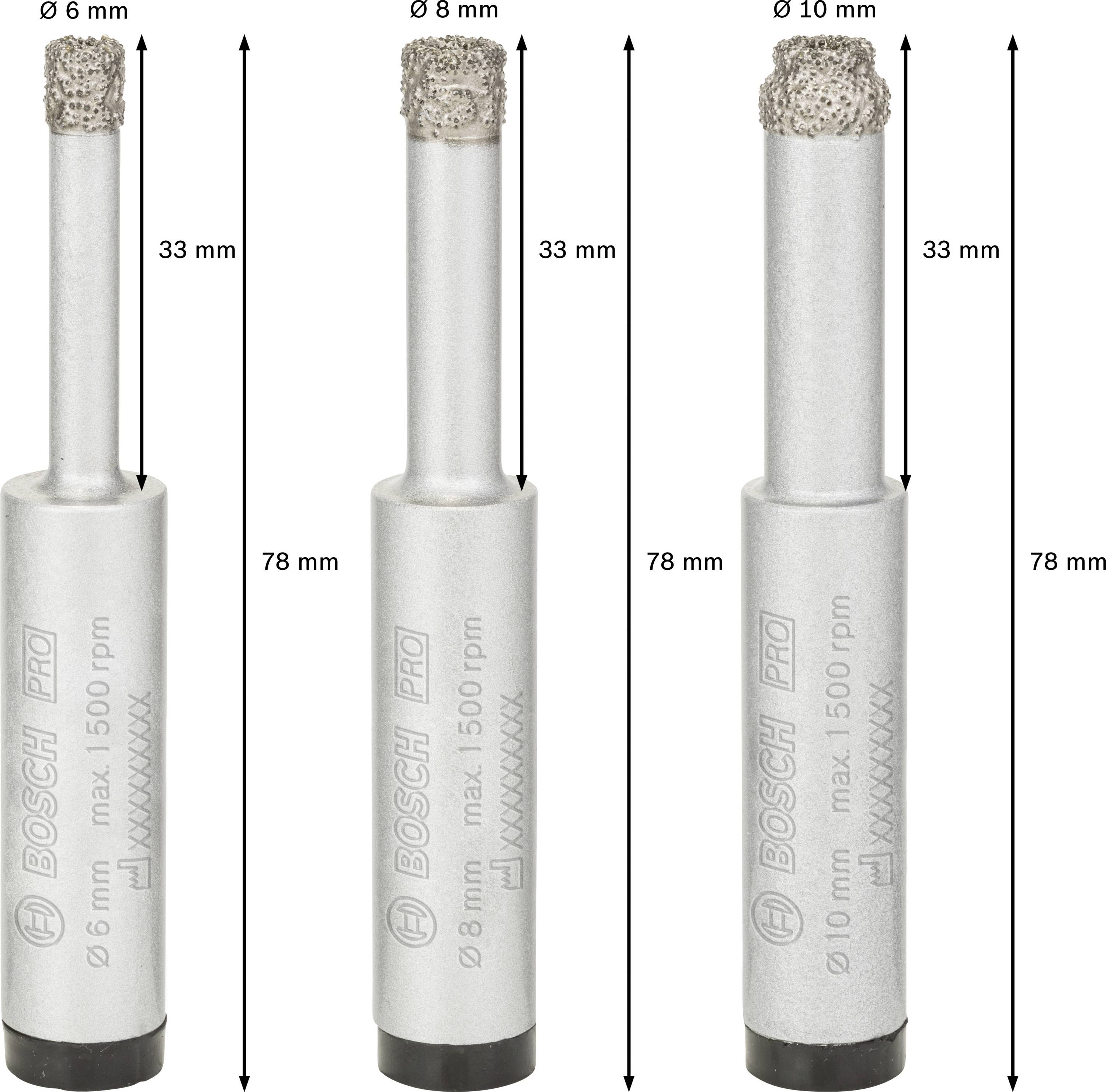 Tri svrdla s dijamantnim premazom u različitim promjerima (6 mm, 8 mm, 10 mm) s oznakama duljine, za precizno bušenje.