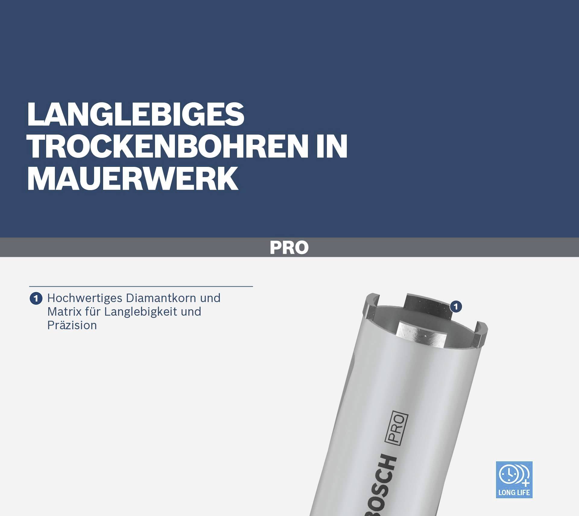 Boševa 'Pro' dijamantna kruna za bušenje, pogodna za dugotrajno suho bušenje u zidnom materijalu. Istaknuta trajnost i preciznost.