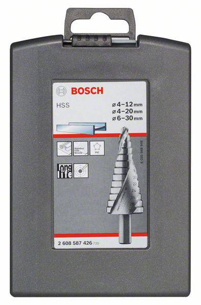 Bosch HSS set stupnjevitih svrdla u pakiranju sa tri veličine bušenja: 4-12 mm, 4-20 mm, 6-30 mm. Pogodan za različite materijale.