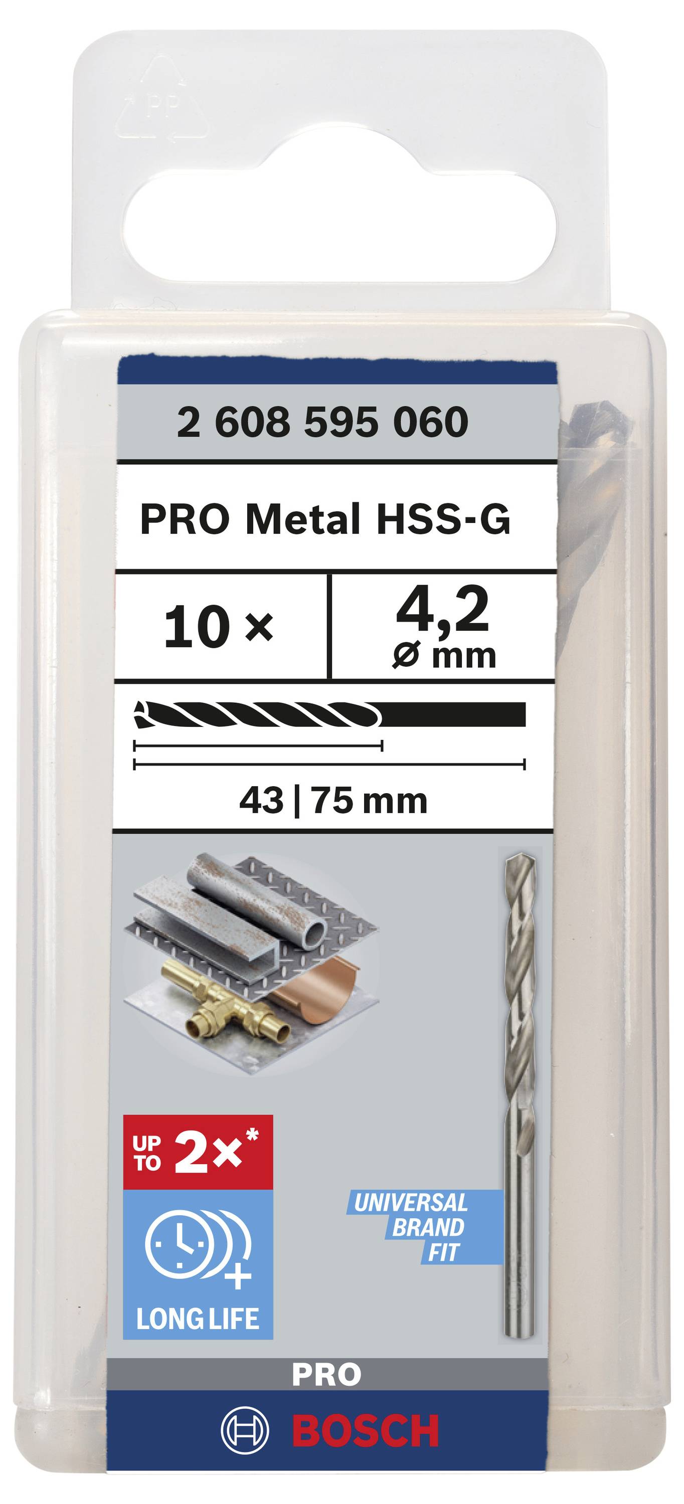 Pakiranje s 10 Bosch PRO Metal HSS-G svrdala, promjer 4,2 mm, prikladna za metal. Istaknuta izdržljivost i univerzalna prilagodba.