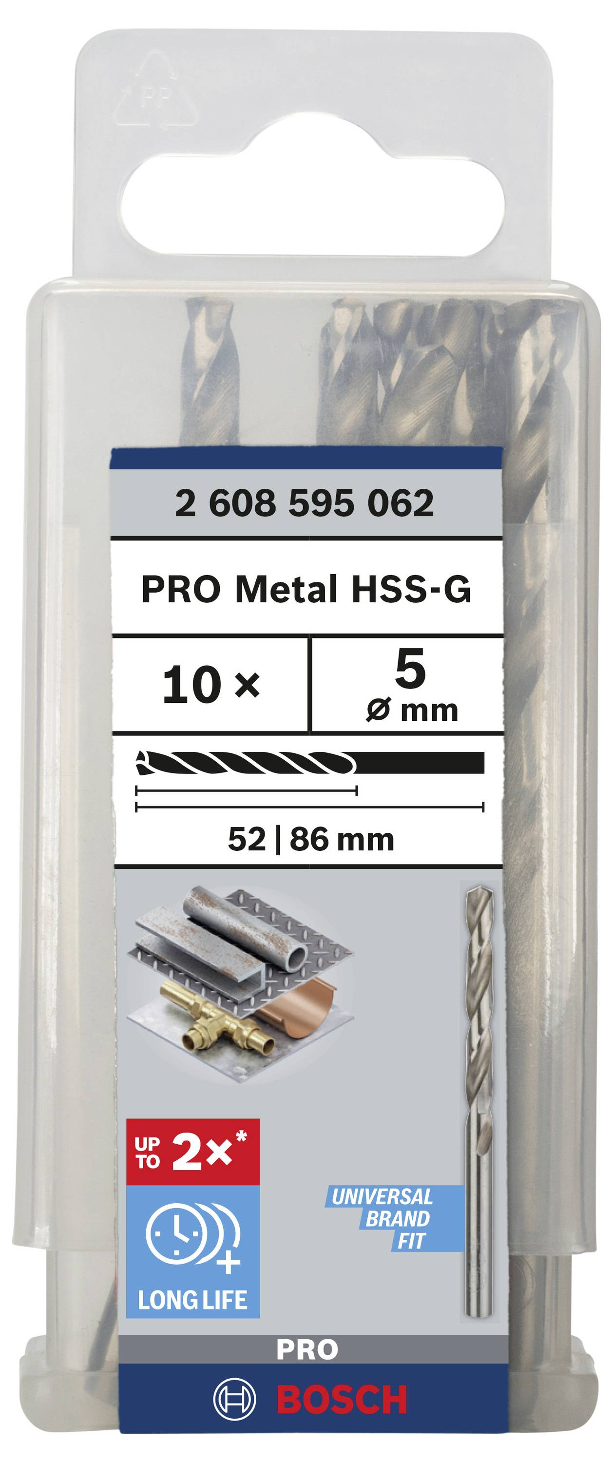 Set metalnih svrdala Bosch PRO, 10 komada, promjer 5 mm, dugi vijek trajanja, za rad s metalom. Pakiranje prikazuje svrdla i načine primjene.