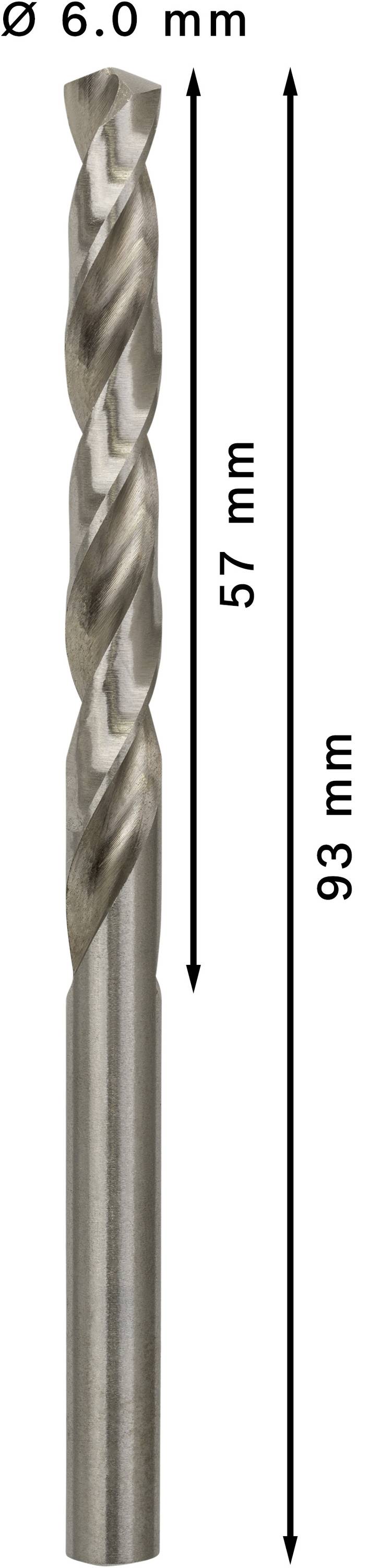 Svrdlo promjera 6 mm, ukupne duljine 93 mm. Dio rezne površine je 57 mm.