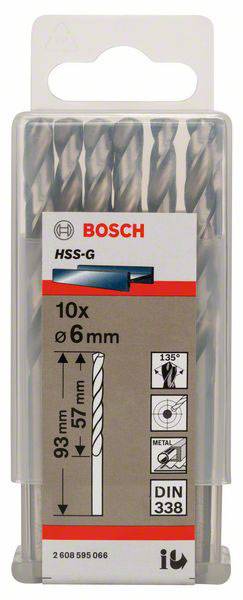 Bosch bušni set, model HSS-G, sadrži 10 komada promjera 6 mm, dužine 93 mm, radne dužine 57 mm, za obradu metala.