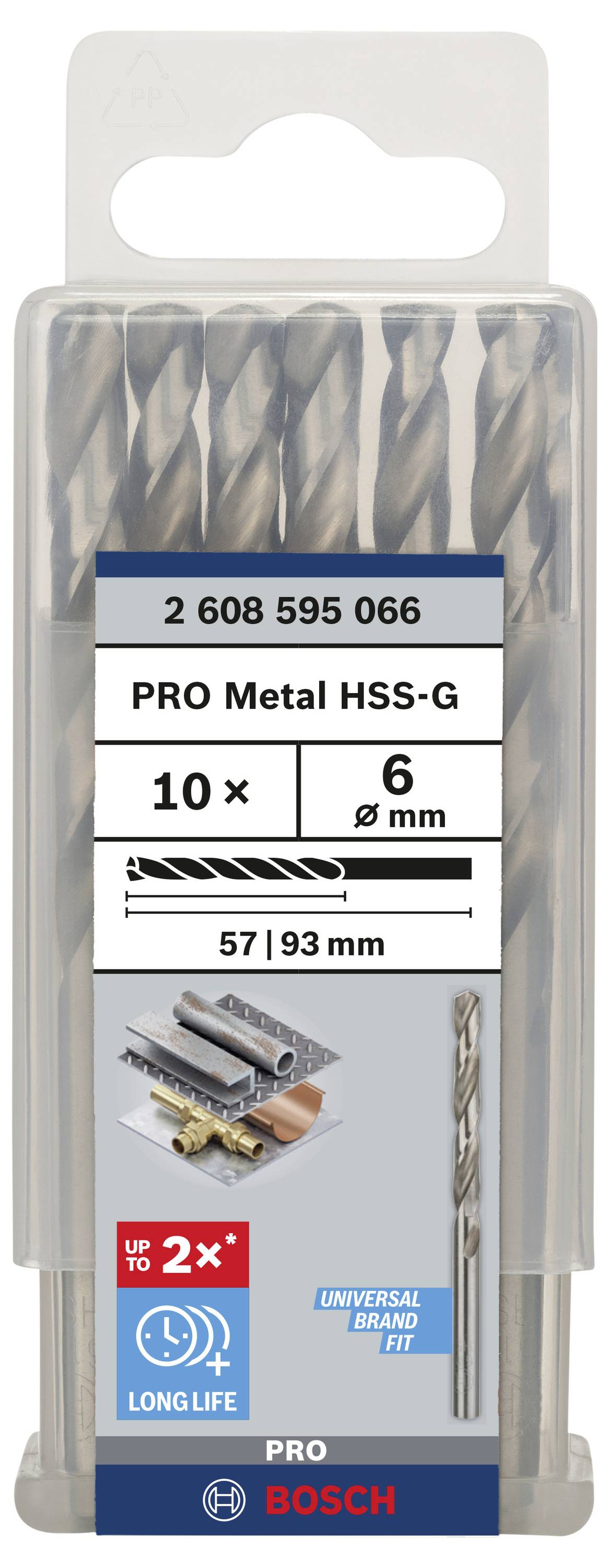 Pakiranje prikazuje 10 metalnih svrdala Bosch, model PRO Metal HSS-G, promjer 6 mm, duljina 57/93 mm, prikladna za obradu metala.