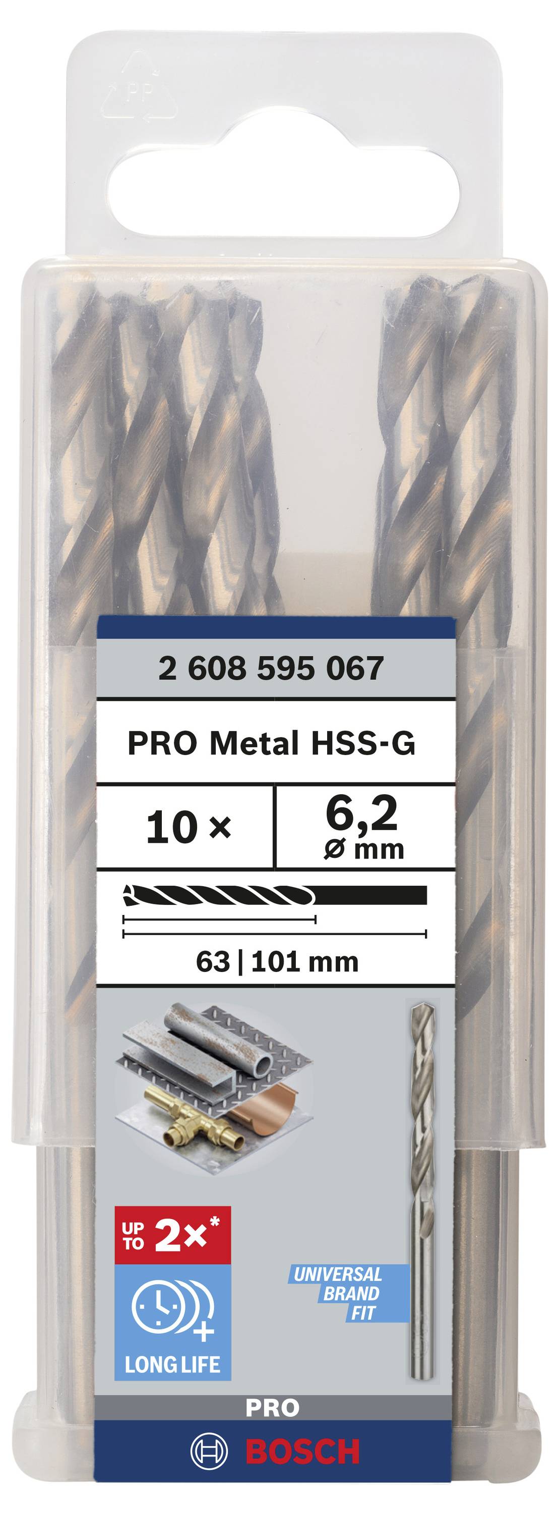Set svrdala za metal od Boscha s 10 HSS-G svrdala, promjer 6,2 mm, duljina 63/101 mm. Pakiranje istaknuto. "Dugotrajno, do 2 puta duže traje".