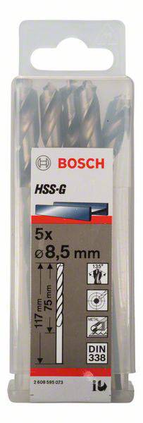 HSS-G set metnih svrdla od Boscha, 5 komada, promjer 8,5 mm, ukupna duljina 117 mm, radna duljina 75 mm, pogodan za metal, drvo i plastiku.