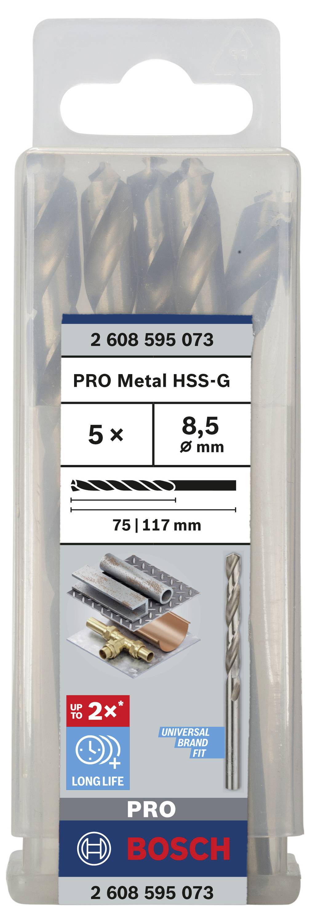 Bosch set svrdala, 5-dijelni, za obradu metala. Promjer: 8,5 mm, duljina: 75/117 mm. Univerzalno pristajanje.