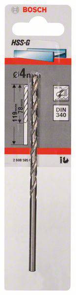 Bosch HSS-G metalni svrdlo u pakiranju, promjera 4 mm. Prikladno za precizno bušenje metala prema DIN 340 normi.