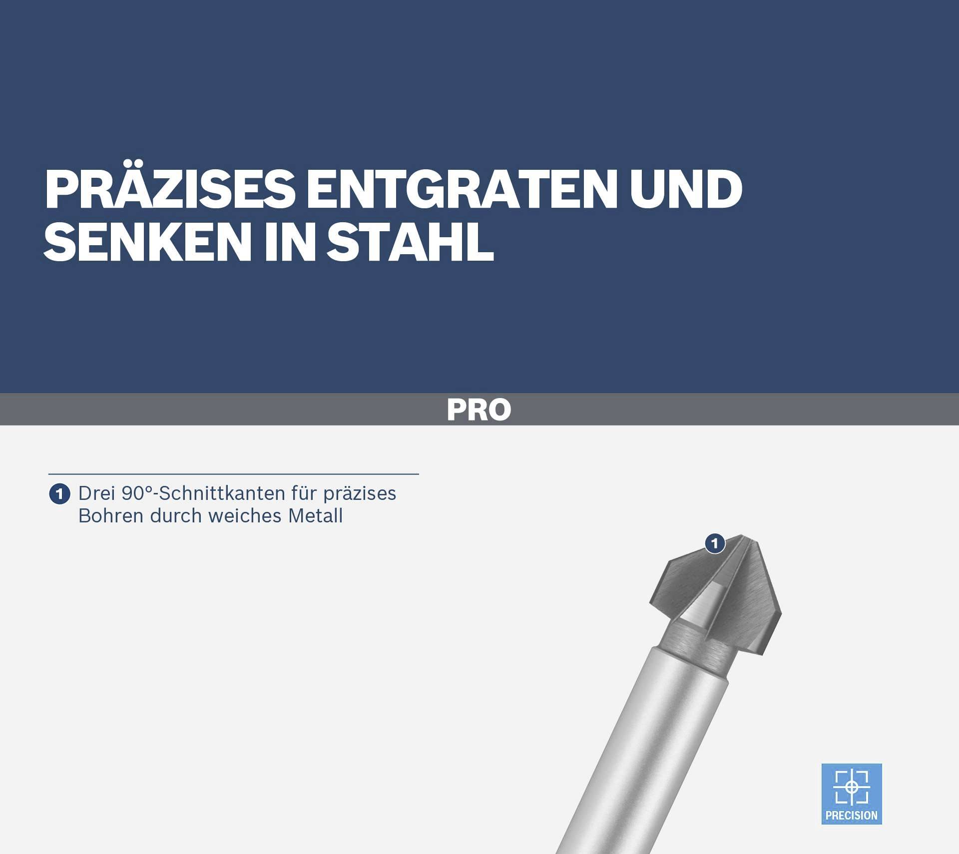 Precizno odstranjivanje opruga i upuštanje u čeliku. Tri 90°-rezne oštrice za precizno bušenje mekog metala.