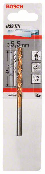 Bosch HSS-TiN svrdlo, promjer 5,5 mm, duljina 85 mm, prikladno za bušenje metala, DIN 338 standard, titanitrinska prevlaka.