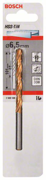 Bosch HSS-TiN svrdlo promjera 6,5 mm i duljine 101 mm, prikladno za bušenje metala prema DIN 338 standardu.