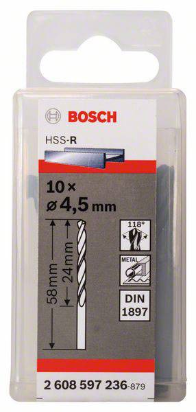 Bosch komplet svrdala, HSS-R, 10 komada, promjer 4,5 mm, duljina 58 mm. Pogodan za obradu metala. Norma DIN 1897.