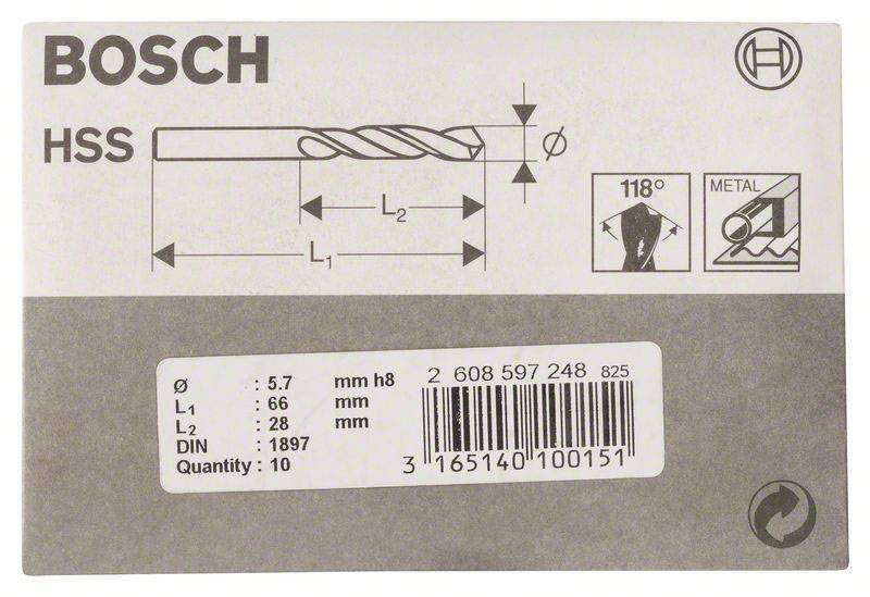 Bosch HSS svrdlo, promjer: 5,7 mm, duljina: 66 mm, duljina rezanja: 28 mm, 10 komada, za metal, DIN 1897, 118° vrh.