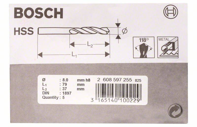 Bosch HSS svrdlo za metal, duljina 79 mm, promjer 8 mm, 5 komada u pakiranju. Grafički prikaz svrdla s dimenzijama.