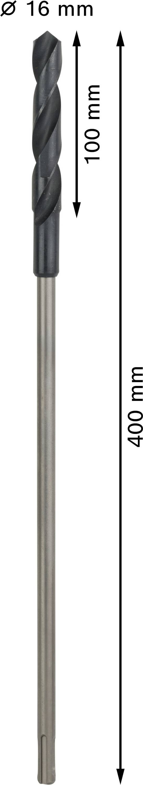 Svrdlo promjera 16 mm. Crno obojena spirala mjeri 100 mm, a cijelo svrdlo je dugačko 400 mm.
