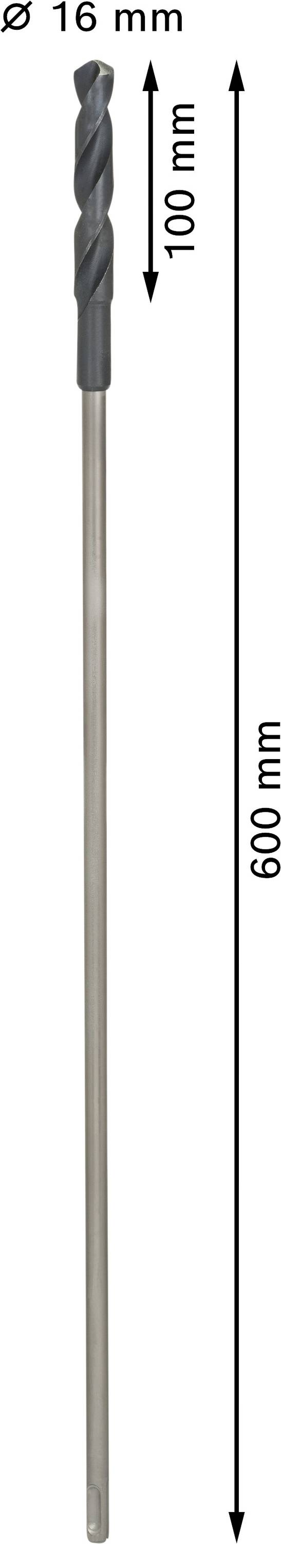 Svrdlo promjera 16 mm i duljine 600 mm. Glava svrdla je dugačka 100 mm.